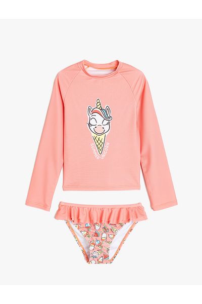Koton Langärmliges Bikini-Set mit Rüschen und Einhorn-Aufdruck