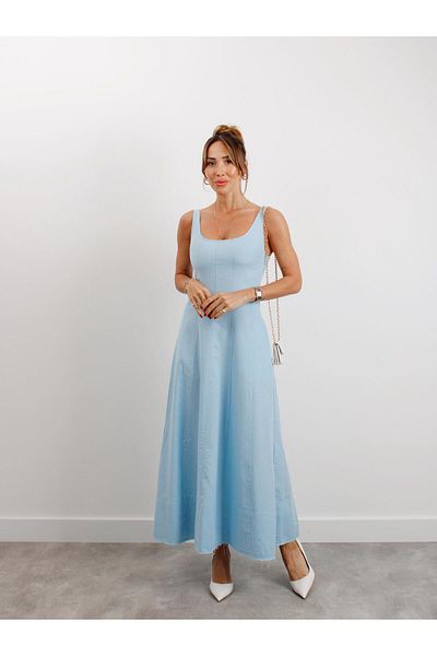 Maldia Shop Γυναικείο Μπλε Λινό Φόρεμα με Κρεμαστή Τσέπη