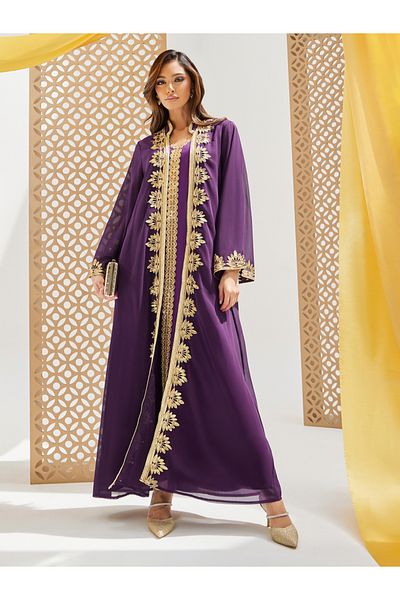 Styli Lace Trim Collared Abaya and Inner Dress Set