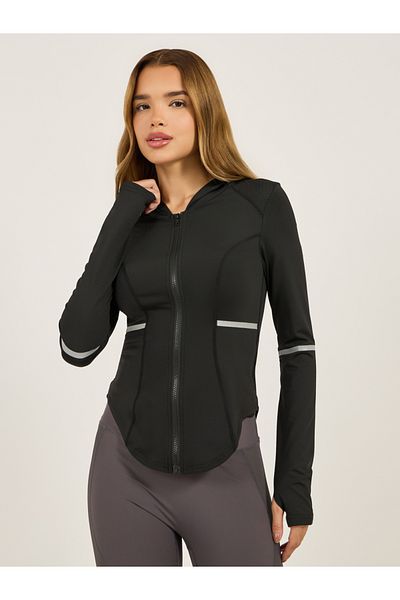 Styli Reflective Arm and Pocket Strip Shoulder Mesh Detail Hooded Jacket