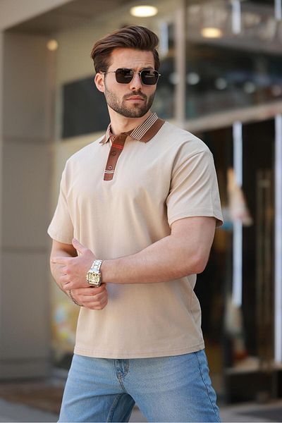 Madmext Ανδρικό μπλουζάκι μπεζ Polo Neck E7147