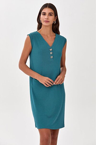 İKİLER V Yaka Önü Düğme Detaylı Elbise 025-2516