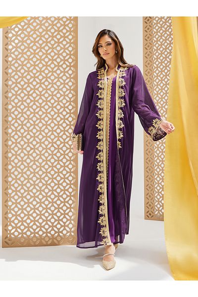 Styli Lace Trim Collared Abaya and Inner Dress Set