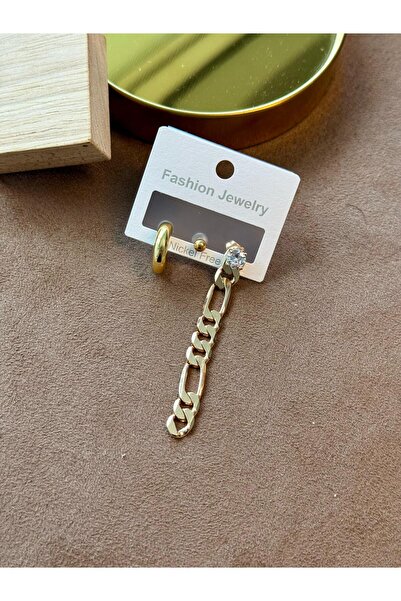 Twelve Altın Renkli 3'lü Set Küpe Zincir Detaylı