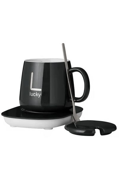 ABYZ Ceramic heated mug set, 350ml, elegant design with gold 'Lucky' lettering and black