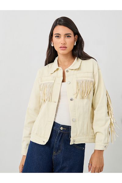 Styli Regular Fit Buttoned Denim Jacket with Fringes Detail