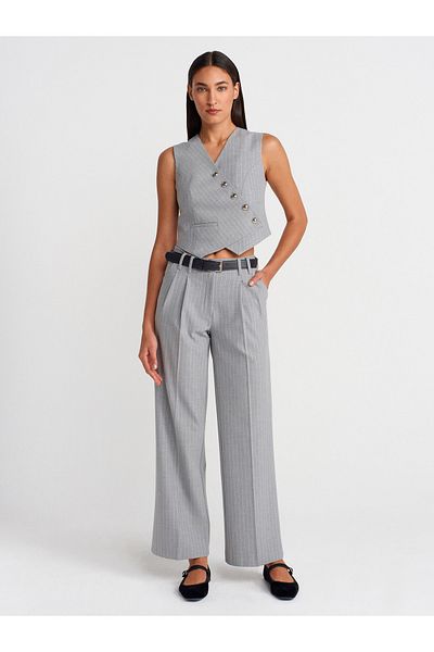 Dilvin 71620 Belted and Wide Leg Fabric Trousers-Grey