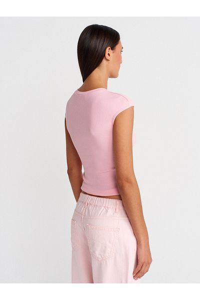 Dilvin 31887 Button Short Sleeve Top-Pink