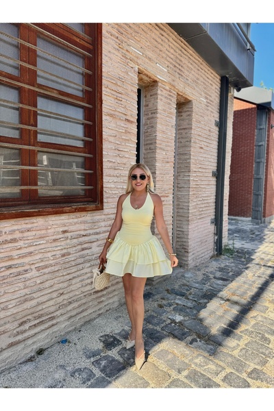 Hotfashion MAGNOLİA BELİ LASTİKLİ MİNİ ELBİSE SARI