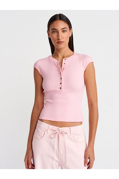 Dilvin 31887 Button Short Sleeve Top-Pink