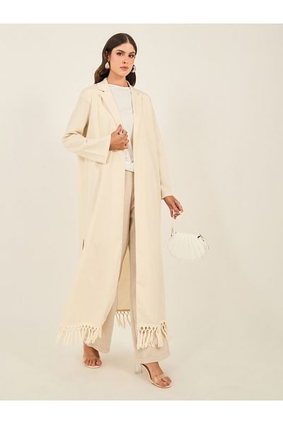 Styli Regular Fit Collared Kimono with Fringe Trim