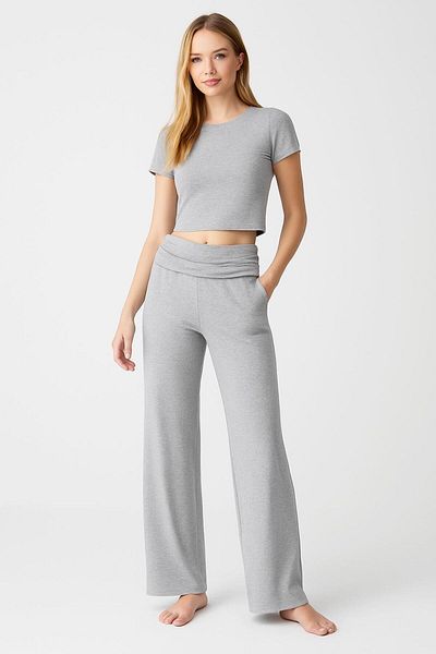 Artış Straight Leg Folded Waist Jersey Stretchy Viscose Trousers