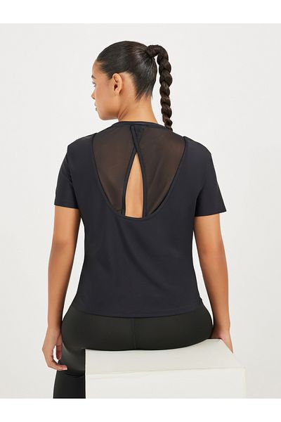 Styli Peep Back Mesh Overlay Insert Short Sleeve Top