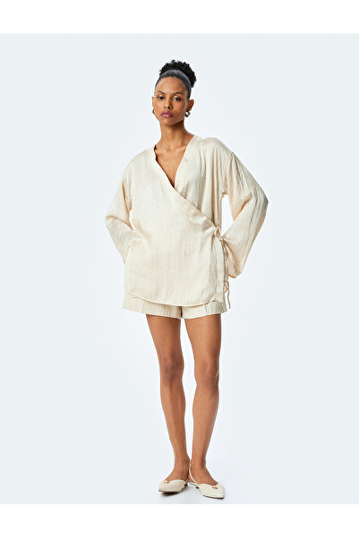 Koton Long sleeve double-breasted satin kimono jacket.