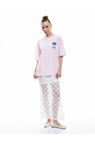 Koton Stitch Licensed Short Sleeve Crew Neck Cotton Oversized T-Shirt with Printed Back