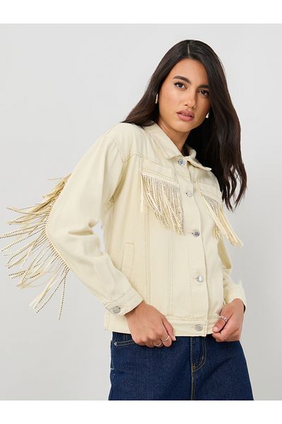 Styli Regular Fit Buttoned Denim Jacket with Fringes Detail