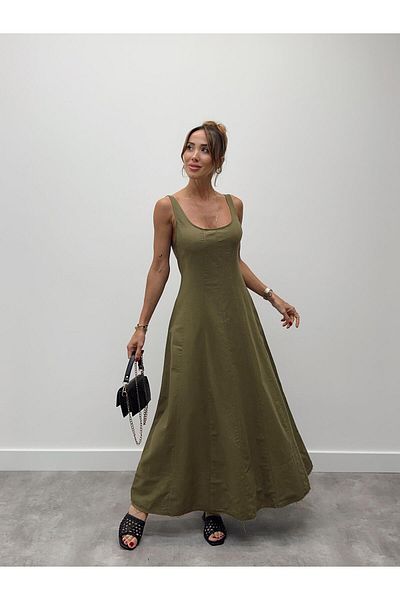 Maldia Shop Γυναικείο λινό φόρεμα με λουράκι τσέπης χακί