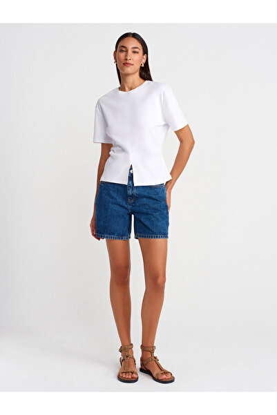 Dilvin 31874 Μπλουζάκι με λεπτομέρεια με σχισμή-Λευκό