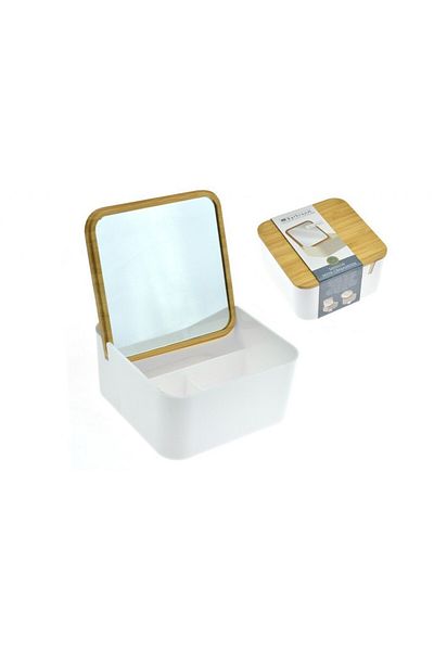 Excellent Houseware Organizator cosmetic cu oglindă, alb, pătrat, 13x13x7 cm