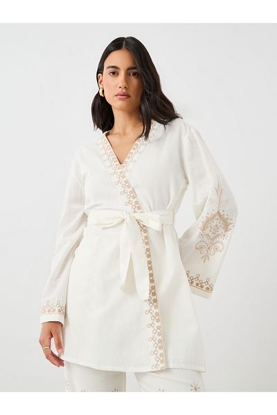 Styli Embroidered Long Sleeves Belted Kimono