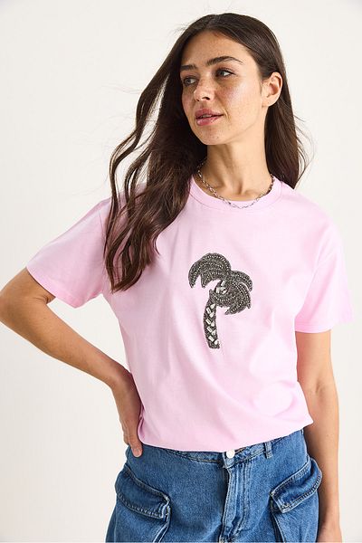 Bianco Lucci Women's 100% Cotton Crew Neck Palm Stone Accessory Comfortable Fit T-Shirt 60602067