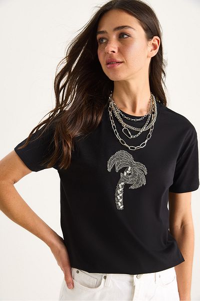 Bianco Lucci Women's 100% Cotton Crew Neck Palm Stone Accessory Comfortable Fit T-Shirt 60602067