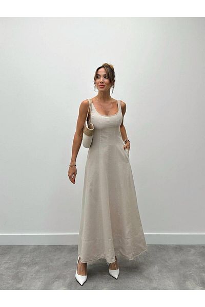 Maldia Shop Rochie de damă din in, cu buzunar cu bretele