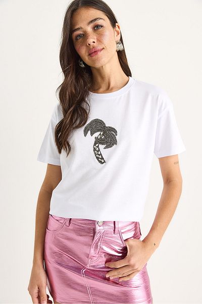 Bianco Lucci Women's 100% Cotton Crew Neck Palm Stone Accessory Comfortable Fit T-Shirt 60602067