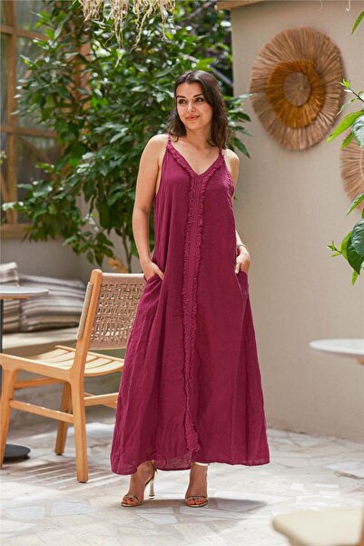 Miss Boheme Mürdüm Renk Askılı İtalyan Keten Elbise