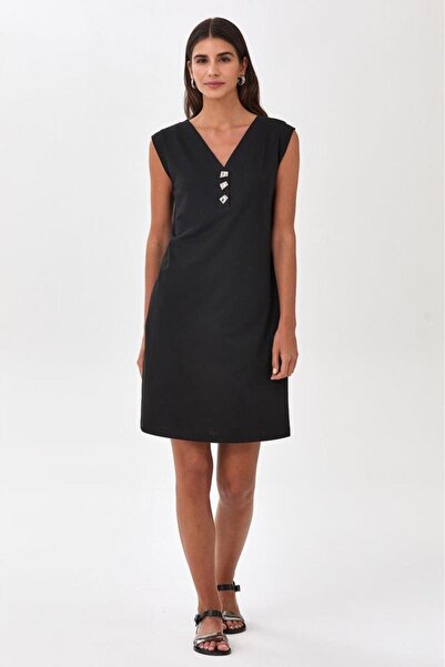 İKİLER V Yaka Önü Düğme Detaylı Elbise 025-2516