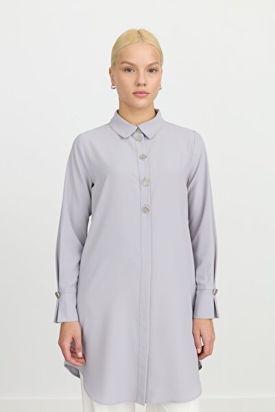 Nihan Düğme Detaylı Gömlek Yaka Tunik Gri