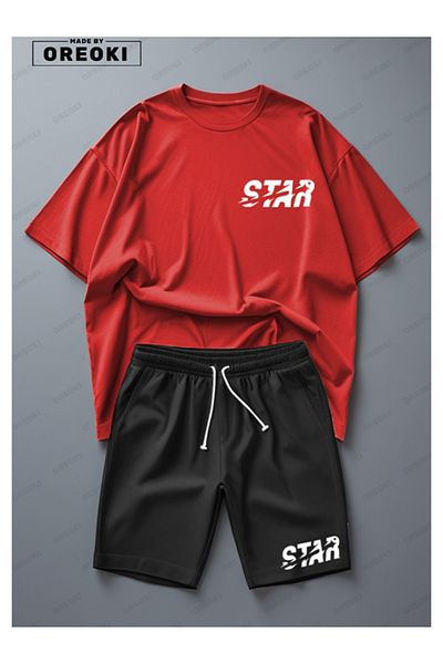 EFFRENATU Star Printed Cotton Fabric Men's Red T-Shirt-Black Shorts Set