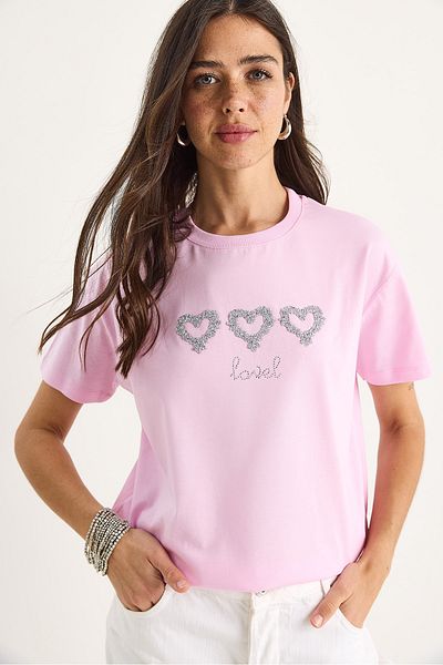 Bianco Lucci Women's Stone Heart Accessory Regular Fit Cotton T-Shirt 60602069