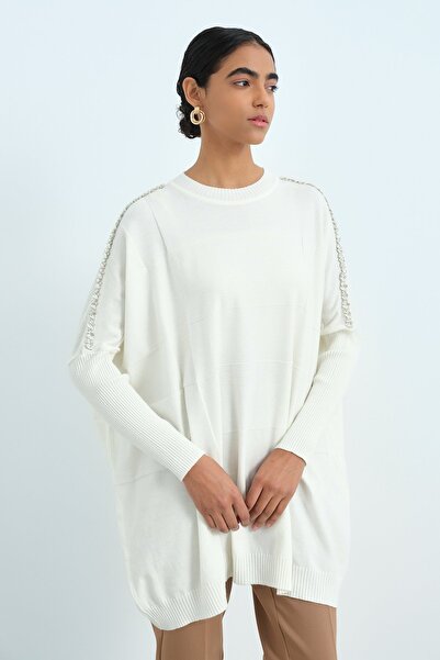 Nihan Omzu Taşlı Triko Tunik Ekru