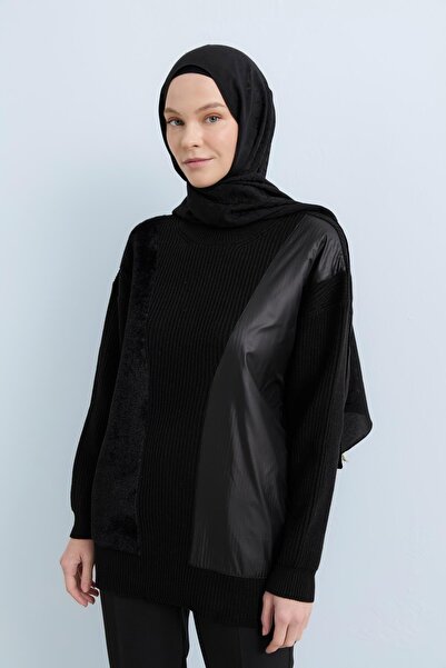 Nihan Deri ve Peluş Garnili Triko Tunik Siyah