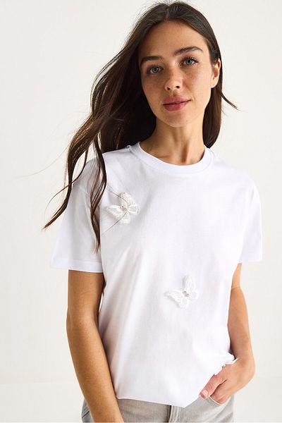 Bianco Lucci Women's Butterfly Accessory Crew Neck Cotton T-Shirt 60602071