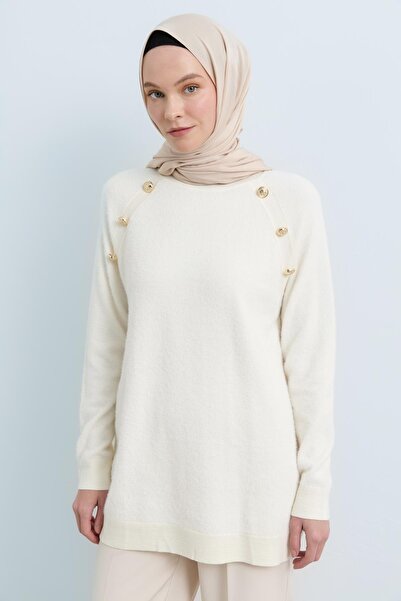 Nihan Gold Düğme Detaylı Triko Tunik Ekru