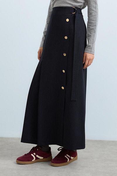 Nihan Navy Blue Skirt - Pleated and Button Detailed