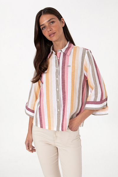 U.S. Polo Assn. Cămașă cu mânecă lungă din amestec de in cu dungi portocalii pentru femei 50305876-VR202