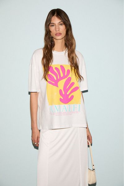 GRIMELANGE Veymira Women's 100% Cotton Crew Neck Short Sleeve Oversize Fit White / Pattern T-Shirt