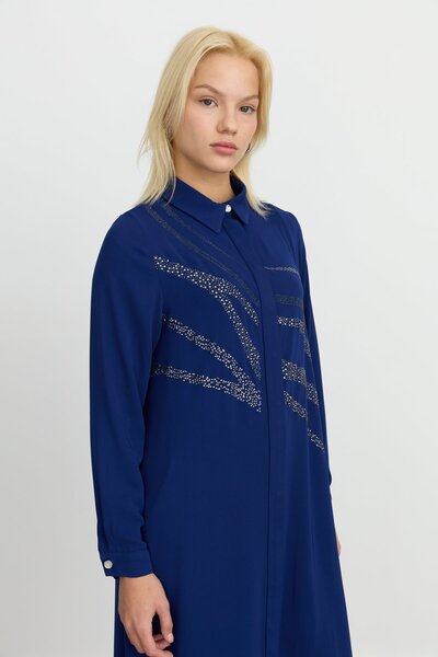 Nihan Önü Taşlı Düz Kesim Uzun Tunik Lacivert