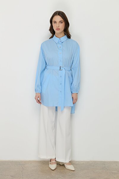 Nihan Beli Kemerli Asimetrik Pamuk Tunik Mavi