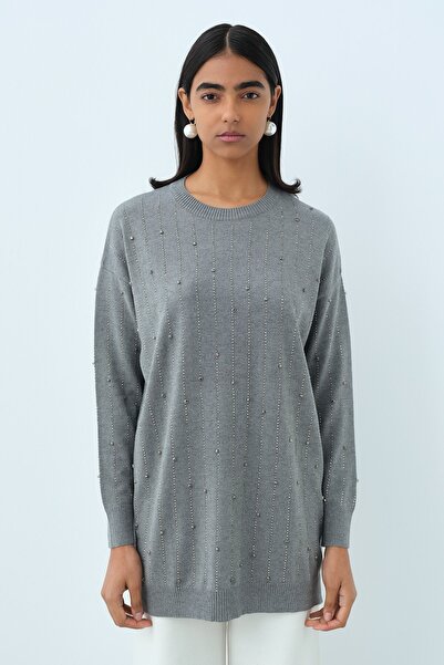 Nihan Şerit Taş Detaylı Triko Tunik Gri