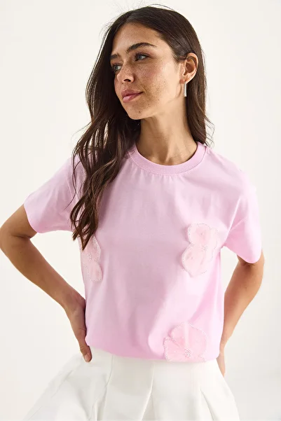 Bianco Lucci Tricou cu mânecă scurtă cu decolteu și accesorii florale 60602060