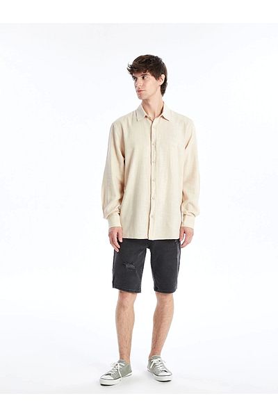 LC Waikiki Ανδρικό πουκάμισο XSIDE Μπεζ Regular Fit μακρυμάνικο ποπλίνα