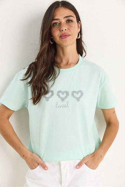 Bianco Lucci Women's Stone Heart Accessory Regular Fit Cotton T-Shirt 60602069