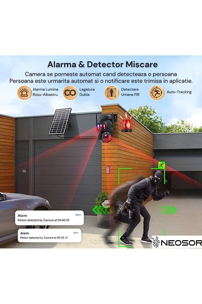 NEOSOR Surveillance Camera with Solar Panel, 4G, 3+3MP UHD, 20x, Nightvision Color, Alarm, Motion Sensor