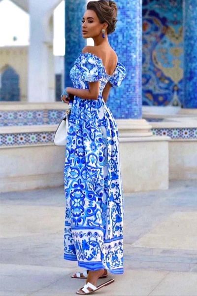 FashionForYou Rochie lungă de zi TORA, cu umerii goi și mâneci bufante, Albastră