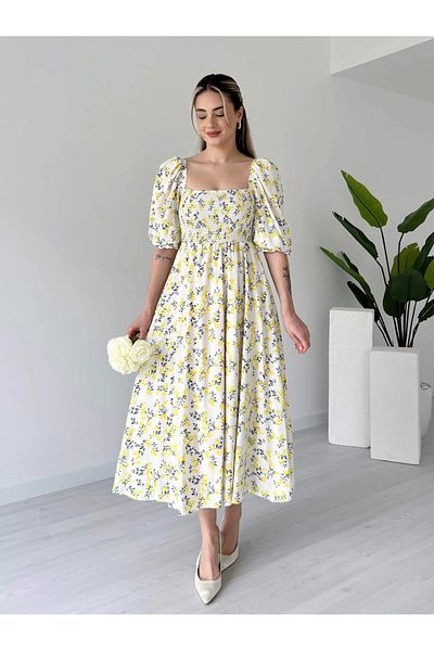 Lusin Women's Lemon Patterned Gipeli Lined Summer Midi Dress