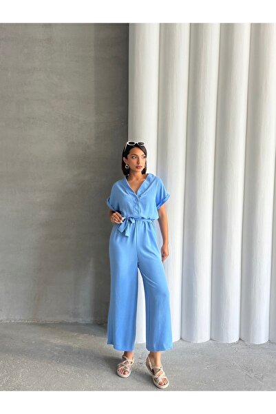 BEJNA Women's Light Blue Button Detailed Belted Jumpsuit